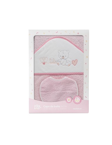 Capa Baño 1X1 Mod Corazones Bebe Osito+Babero Rosa