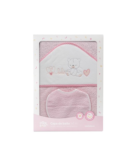 Capa Baño 1X1 Mod Corazones Bebe Osito+Babero Rosa