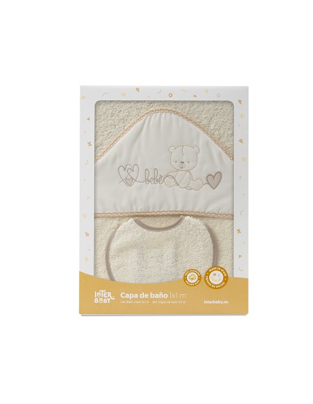 Capa Baño 1X1 Mod Corazones Bebe Osito+Babero Beig