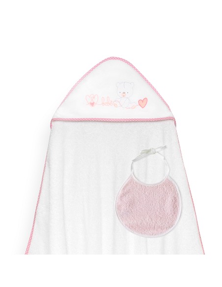 Capa Baño 1X1 Mod Corazones Bebe Osito+Babero Bco/Rosa