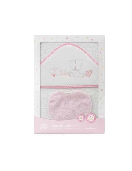 Capa Baño 1X1 Mod Corazones Bebe Osito+Babero Bco/Rosa
