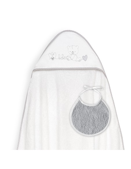 Capa Baño 1X1 Mod Corazones Bebe Osito+Babero Bco/Gris