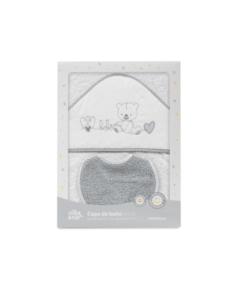 Capa Baño 1X1 Mod Corazones Bebe Osito+Babero Bco/Gris