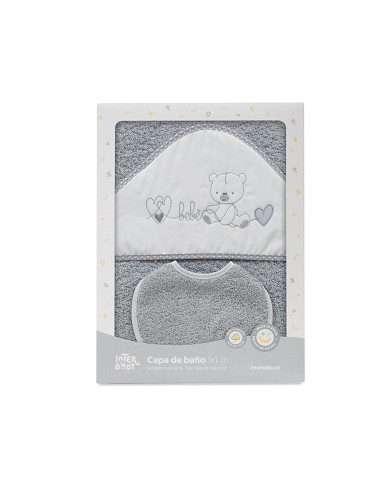Capa Baño 1X1 Mod Corazones Bebe Osito+Babero Gris