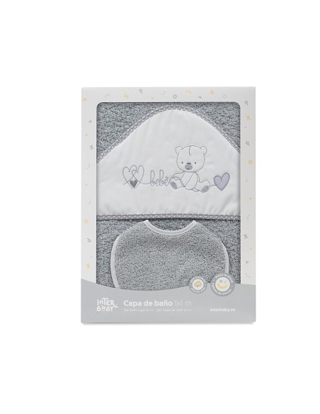 Capa Baño 1X1 Mod Corazones Bebe Osito+Babero Gris