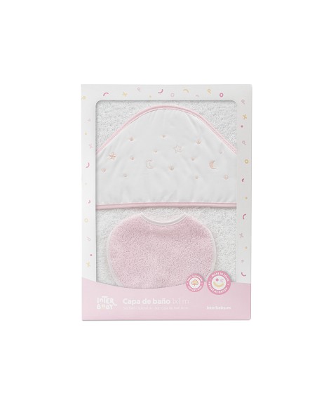 Capa Baño 1X1 Mod Estrellas Lunas Bodoques+Babero Bco/Rosa