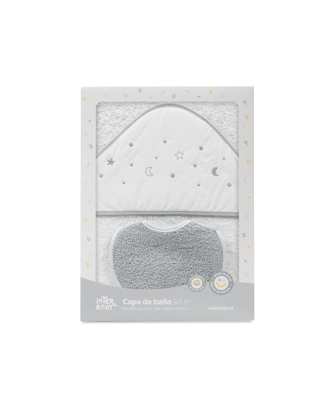 Capa Baño 1X1 Mod Estrellas Lunas Bodoques+Babero Bco/Gris