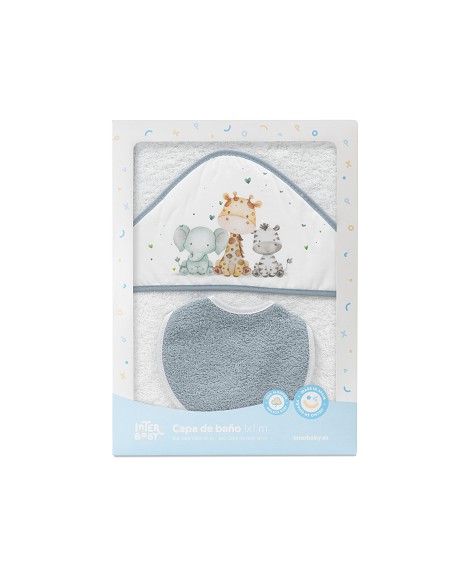 Capa Baño 1X1 Mod Jirafa Elefante Estampado+Babero Bco/Petroleo