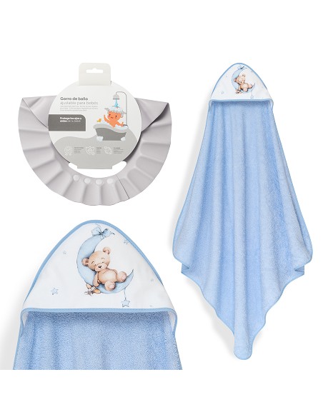Capa Baño 1X1 Mod Estampado Oso Luna Estrellas+Gorro Azul