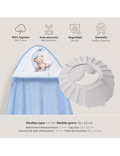 Capa Baño 1X1 Mod Estampado Oso Luna Estrellas+Gorro Azul 2