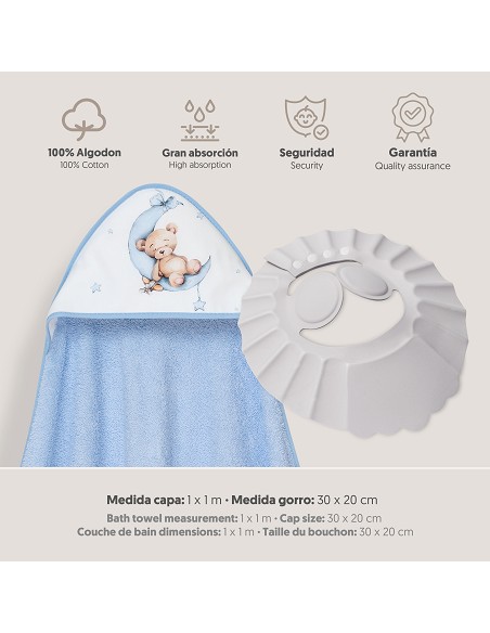 Capa Baño 1X1 Mod Estampado Oso Luna Estrellas+Gorro Azul