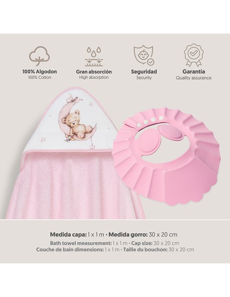 Capa Baño 1X1 Mod Estampado Oso Luna Estrellas+Gorro Rosa
