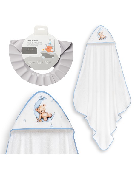 Capa Baño 1X1 Mod Estampado Oso Luna Estrellas+Gorro Bco/Azul