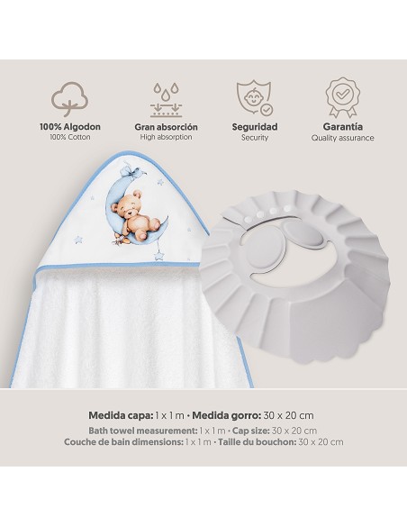 Capa Baño 1X1 Mod Estampado Oso Luna Estrellas+Gorro Bco/Azul