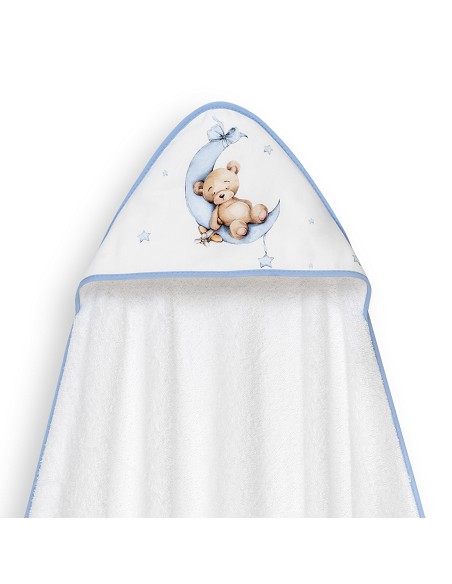 Capa Baño 1X1 Mod Estampado Oso Luna Estrellas+Gorro Bco/Azul