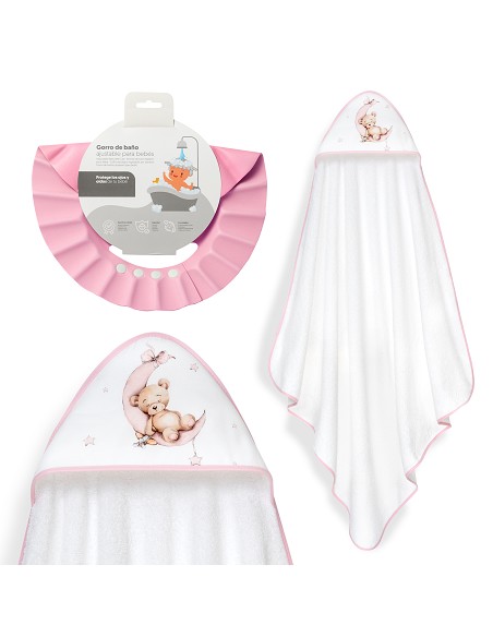 Capa Baño 1X1 Mod Estampado Oso Luna Estrellas+Gorro Bco/Rosa