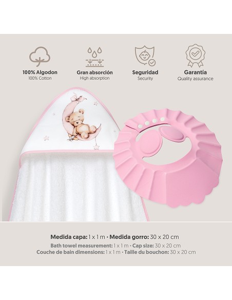Capa Baño 1X1 Mod Estampado Oso Luna Estrellas+Gorro Bco/Rosa