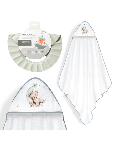 Capa Baño 1X1 Mod Estampado Oso Luna Estrellas+Gorro Bco/Verde