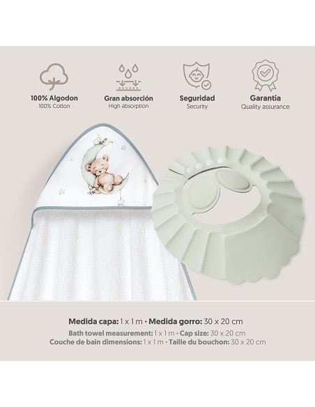 Capa Baño 1X1 Mod Estampado Oso Luna Estrellas+Gorro Bco/Verde