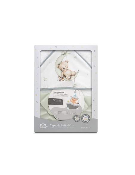 Capa Baño 1X1 Mod Estampado Oso Luna Estrellas+Gorro Bco/Verde