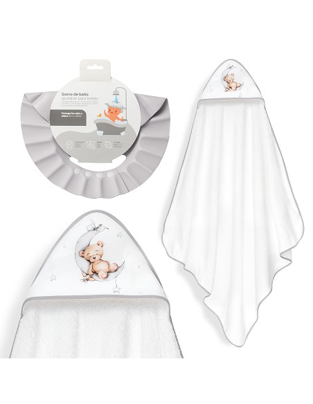 Capa Baño 1X1 Mod Estampado Oso Luna Estrellas+Gorro Bco/Gris