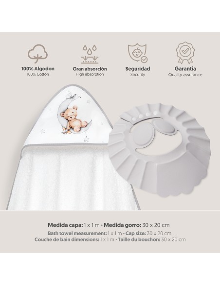 Capa Baño 1X1 Mod Estampado Oso Luna Estrellas+Gorro Bco/Gris
