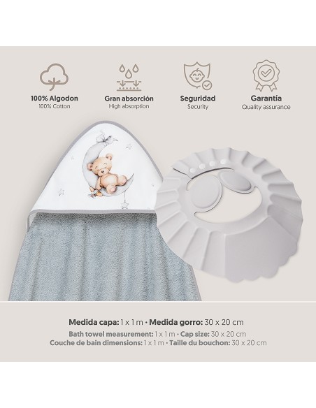 Capa Baño 1X1 Mod Estampado Oso Luna Estrellas+Gorro Gris