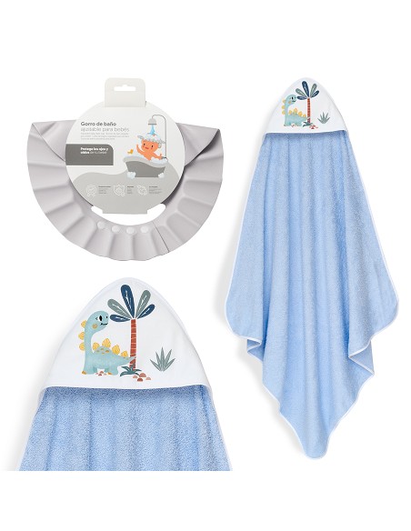 Capa Baño 1X1 Mod Estampado Dinosaurio Palmera+Gorro Azul