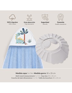 Capa Baño 1X1 Mod Estampado Dinosaurio Palmera+Gorro Azul 2