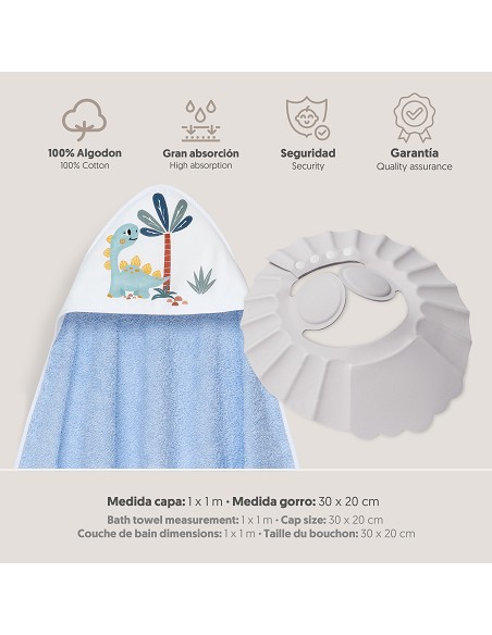 Capa Baño 1X1 Mod Estampado Dinosaurio Palmera+Gorro Azul