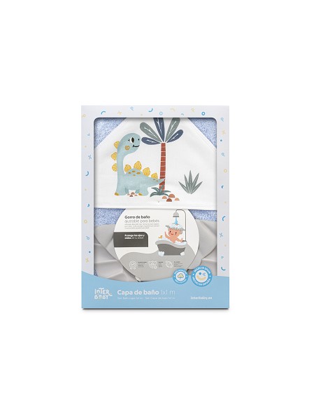 Capa Baño 1X1 Mod Estampado Dinosaurio Palmera+Gorro Azul