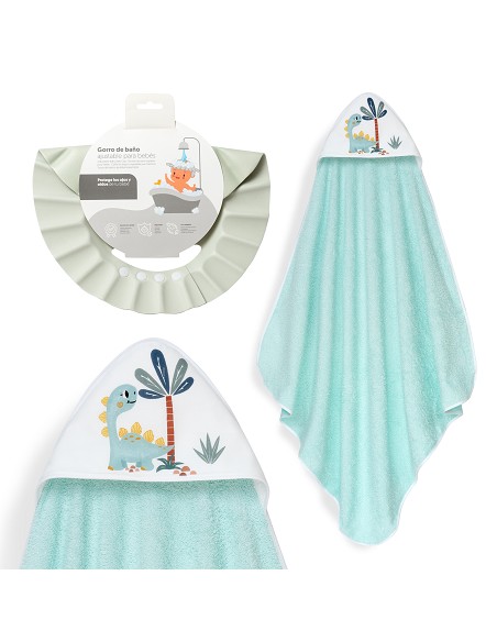 Capa Baño 1X1 Mod Estampado Dinosaurio Palmera+Gorro Verde
