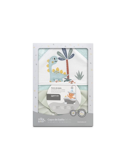 Capa Baño 1X1 Mod Estampado Dinosaurio Palmera+Gorro Verde