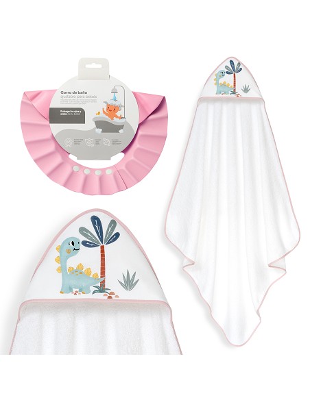 Capa Baño 1X1 Mod Estampado Dinosaurio Palmera+Gorro Bco/Rosa