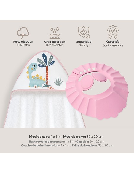 Capa Baño 1X1 Mod Estampado Dinosaurio Palmera+Gorro Bco/Rosa
