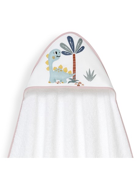 Capa Baño 1X1 Mod Estampado Dinosaurio Palmera+Gorro Bco/Rosa