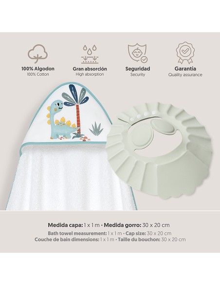 Capa Baño 1X1 Mod Estampado Dinosaurio Palmera+Gorro Bco/Verde
