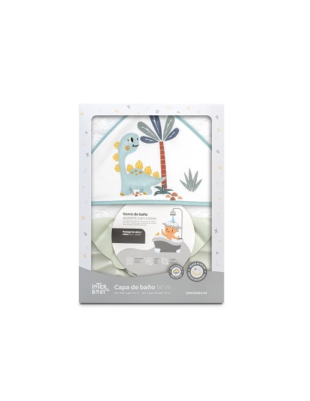 Capa Baño 1X1 Mod Estampado Dinosaurio Palmera+Gorro Bco/Verde
