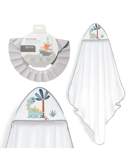 Capa Baño 1X1 Mod Estampado Dinosaurio Palmera+Gorro Bco/Gris