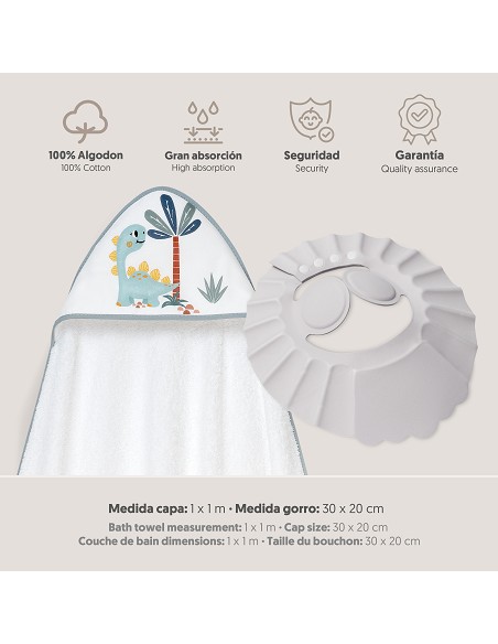 Capa Baño 1X1 Mod Estampado Dinosaurio Palmera+Gorro Bco/Gris