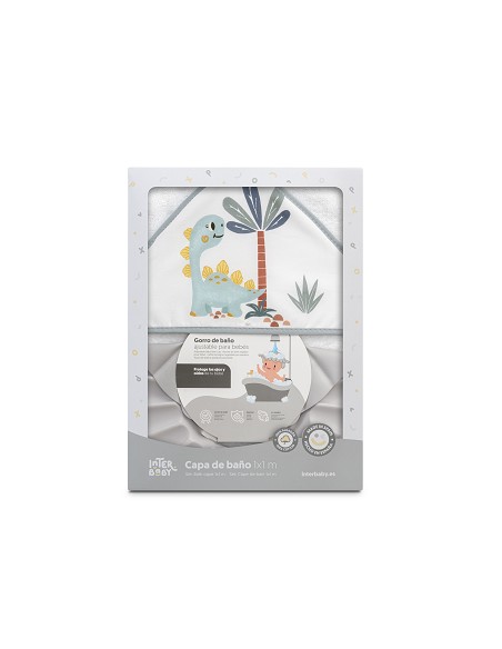 Capa Baño 1X1 Mod Estampado Dinosaurio Palmera+Gorro Bco/Gris