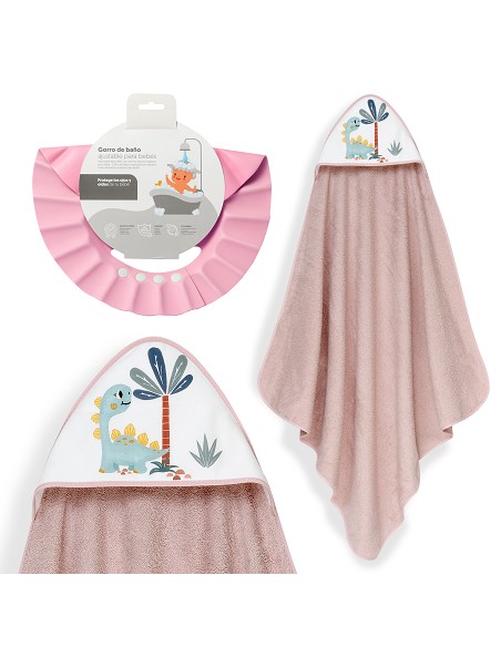 Capa Baño 1X1 Mod Estampado Dinosaurio Palmera+Gorro Rosa Maquillaje