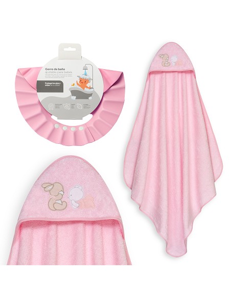 Capa Baño 1X1 Mod Oso Tumbado Conejito+Gorro Rosa