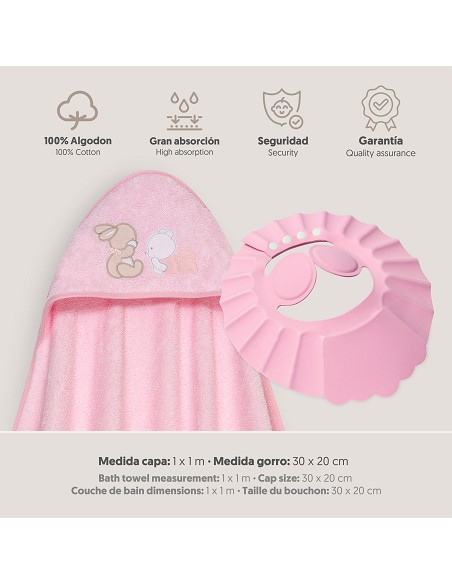 Capa Baño 1X1 Mod Oso Tumbado Conejito+Gorro Rosa