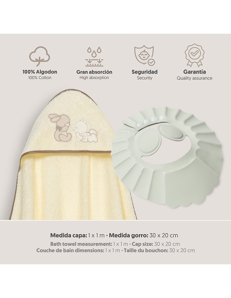 Capa Baño 1X1 Mod Oso Tumbado Conejito+Gorro Beig