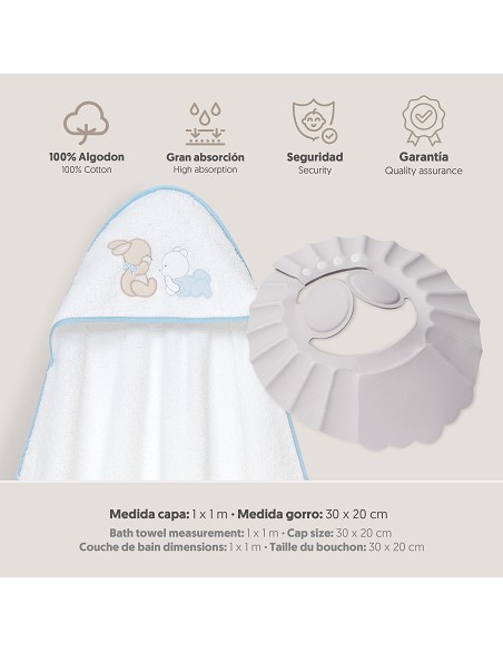 Capa Baño 1X1 Mod Oso Tumbado Conejito+Gorro Bco/Azul