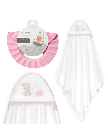 Capa Baño 1X1 Mod Oso Tumbado Conejito+Gorro Bco/Rosa