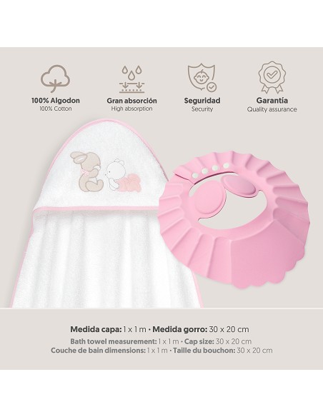 Capa Baño 1X1 Mod Oso Tumbado Conejito+Gorro Bco/Rosa