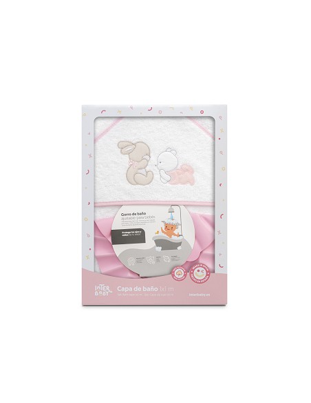 Capa Baño 1X1 Mod Oso Tumbado Conejito+Gorro Bco/Rosa
