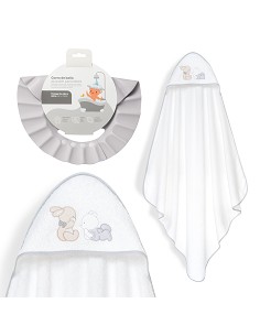 Capa Baño 1X1 Mod Oso Tumbado Conejito+Gorro Bco/Gris